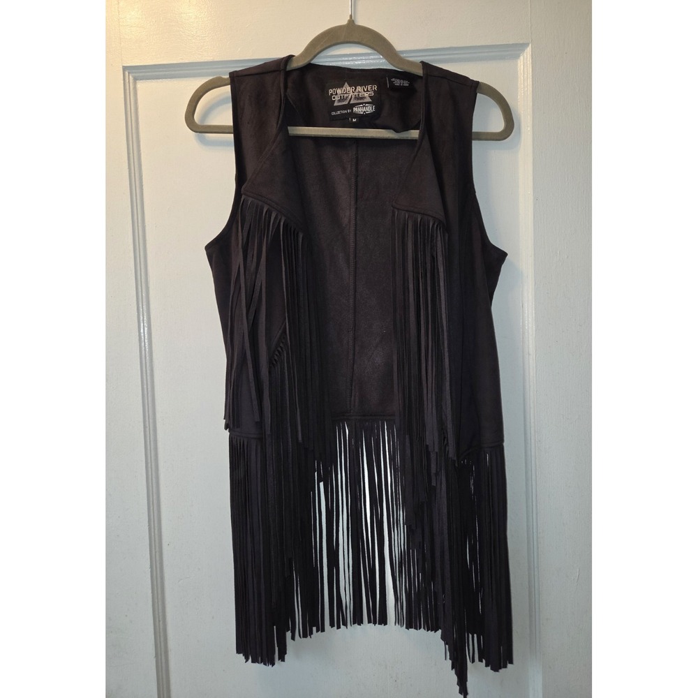 Powder River Outfitters Black Fringe Western Open Front Vest. Women's M
